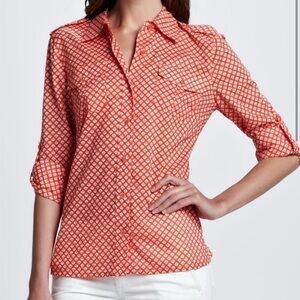 Tory Burch | Orange and White Brigette Tab Sleeve m Button Down Shirt | Sz 14